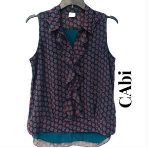 CAbi 3275 Medallion Reign Sleeveless Ruffle Front Blouse Top Teal Size Medium